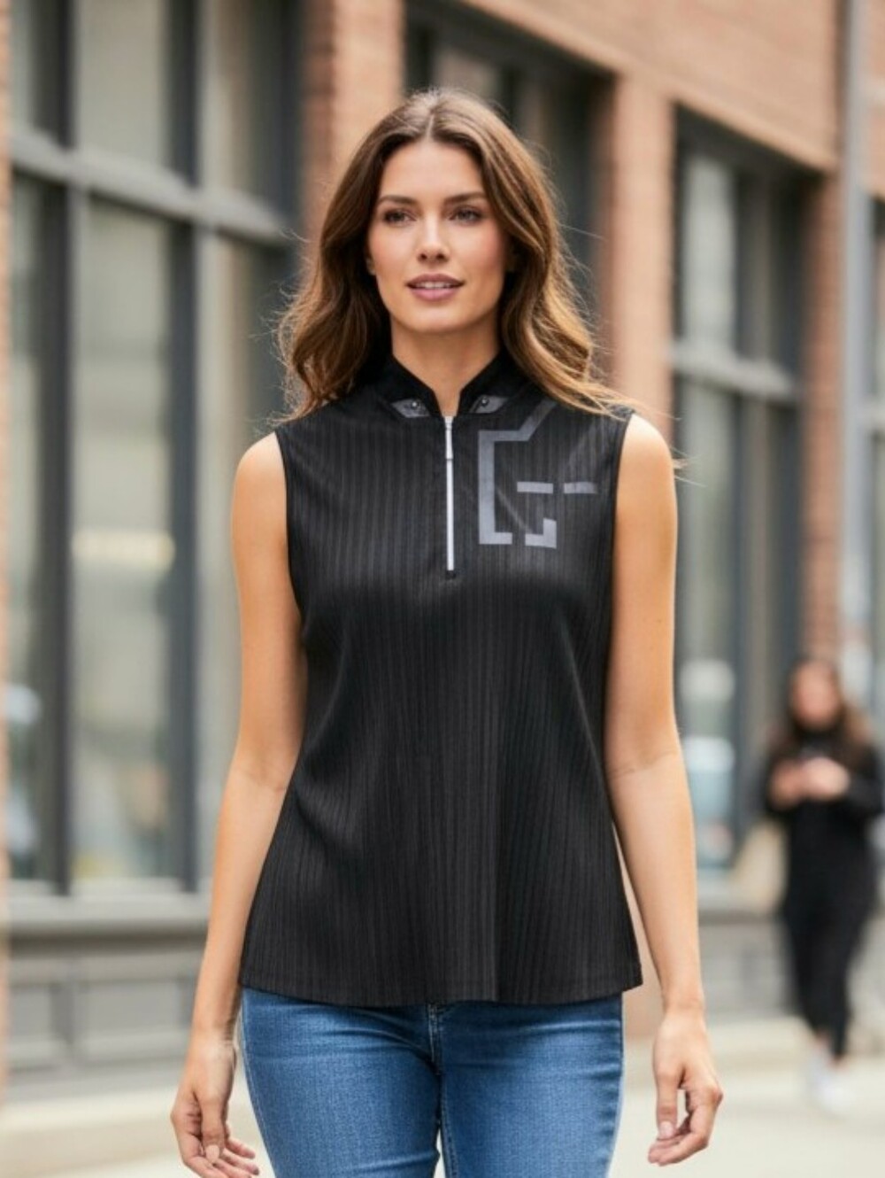 jamie sadock Black Sleeveless Mock Neck Zip Golf Top with Logo